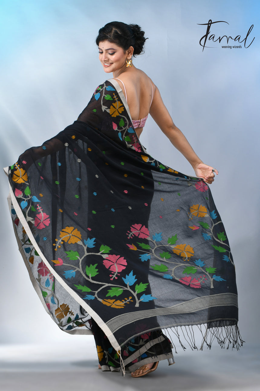 Black pure cotton hibiscus floral handwoven jamdani saree