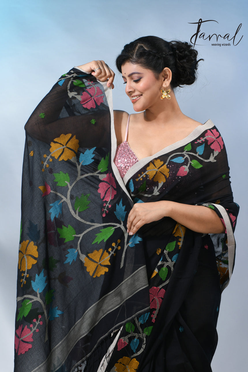 Black pure cotton hibiscus floral handwoven jamdani saree