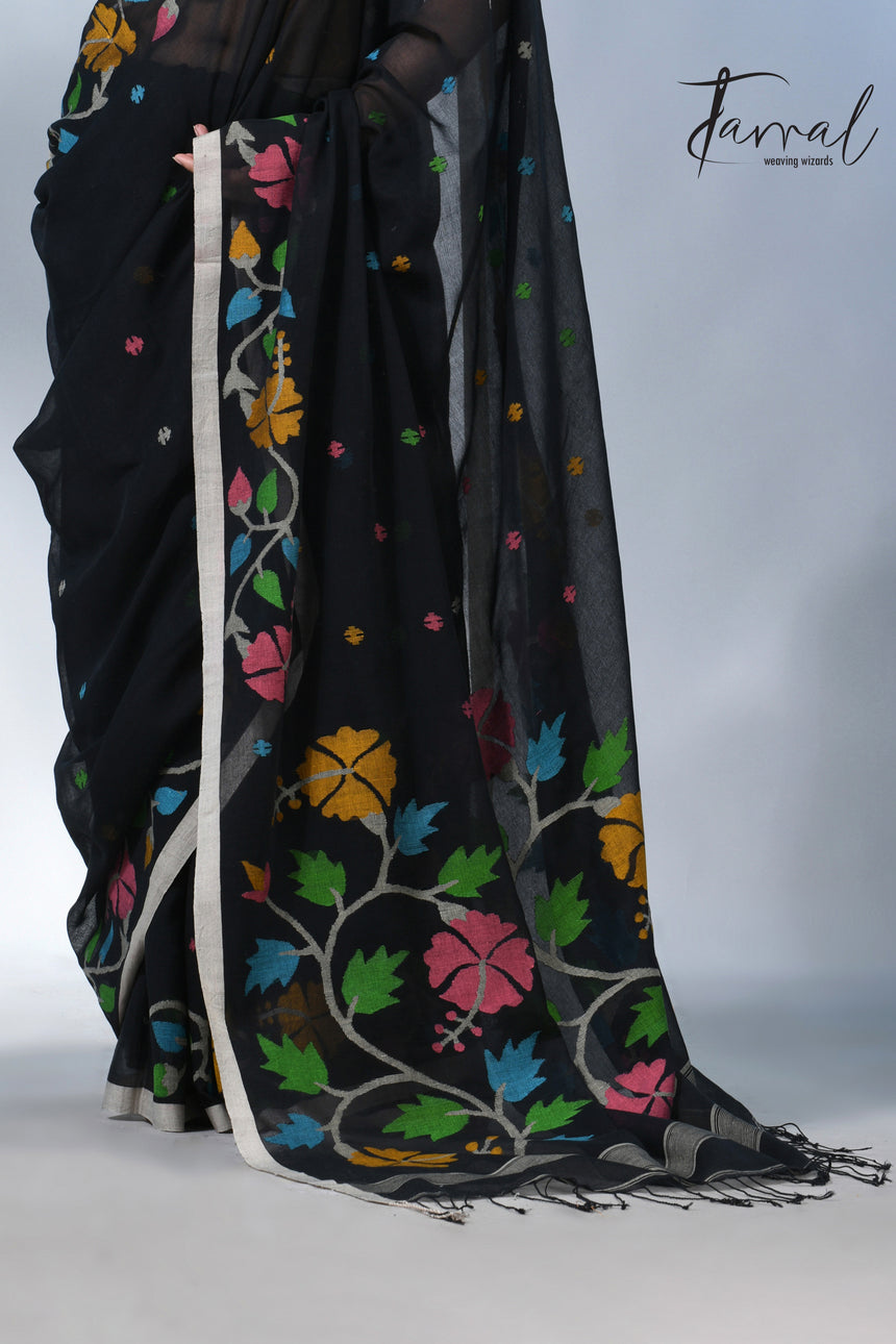 Black pure cotton hibiscus floral handwoven jamdani saree