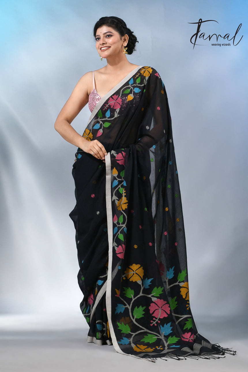 Black pure cotton hibiscus floral handwoven jamdani saree