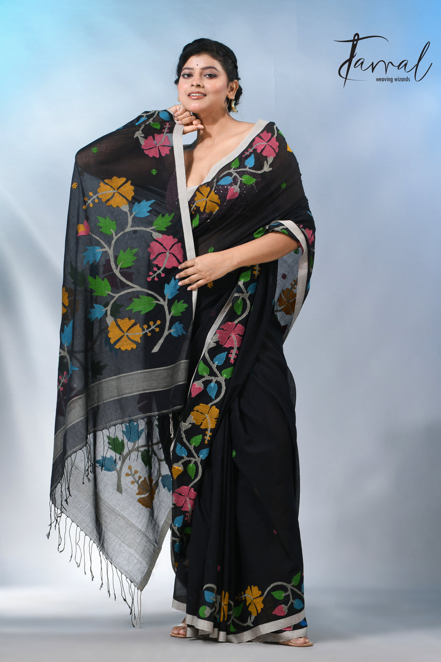Black pure cotton hibiscus floral handwoven jamdani saree