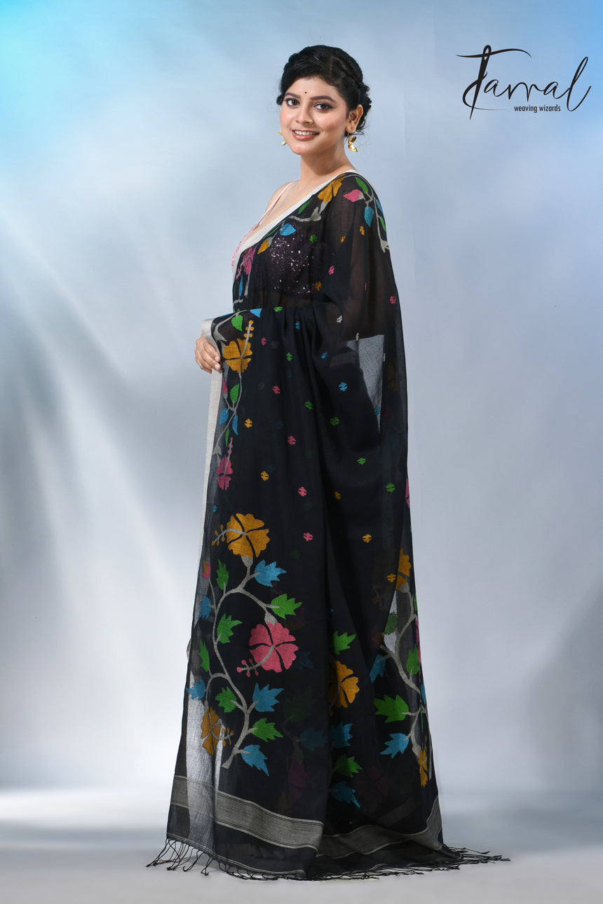 Black pure cotton hibiscus floral handwoven jamdani saree