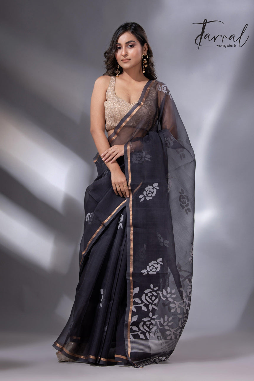 Black self rose motifs handwoven jamdani saree in muslin silk - Tamal Boutique