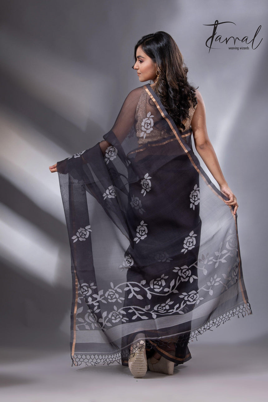 Black self rose motifs handwoven jamdani saree in muslin silk - Tamal Boutique