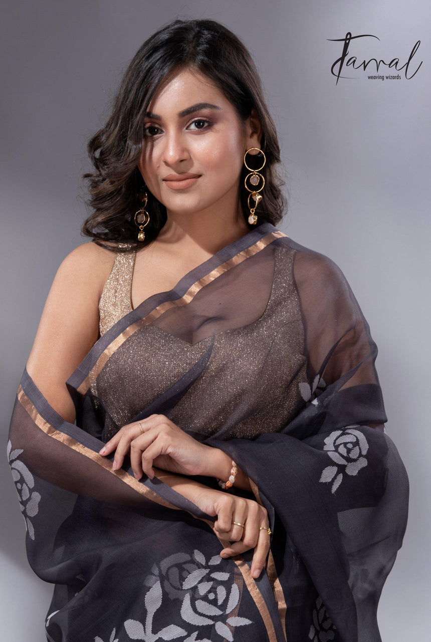 Black self rose motifs handwoven jamdani saree in muslin silk - Tamal Boutique