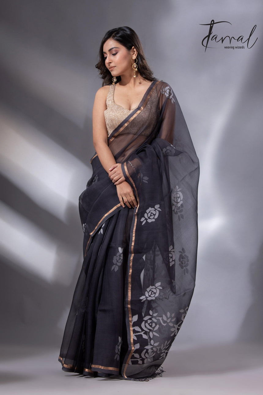 Black self rose motifs handwoven jamdani saree in muslin silk - Tamal Boutique