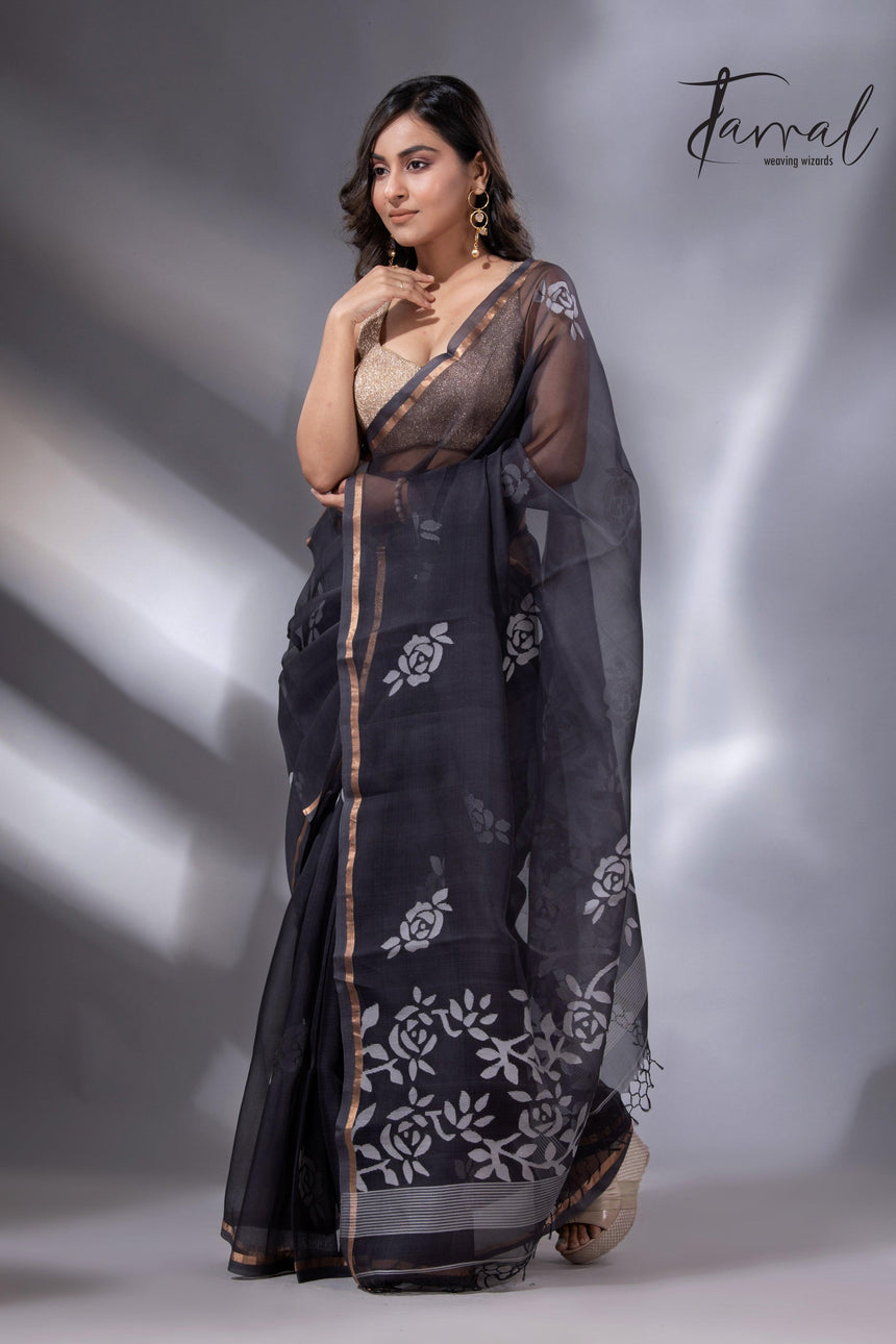 Black self rose motifs handwoven jamdani saree in muslin silk - Tamal Boutique