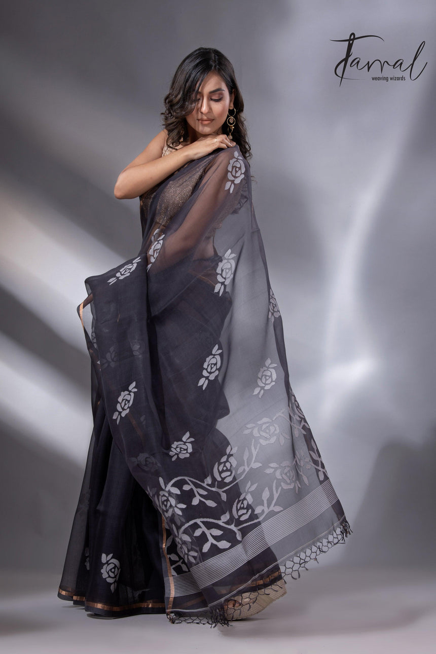 Black self rose motifs handwoven jamdani saree in muslin silk - Tamal Boutique