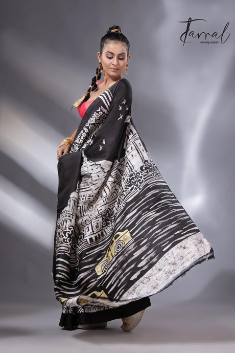 Black & white yellow taxi handcrafted pure batik silk saree