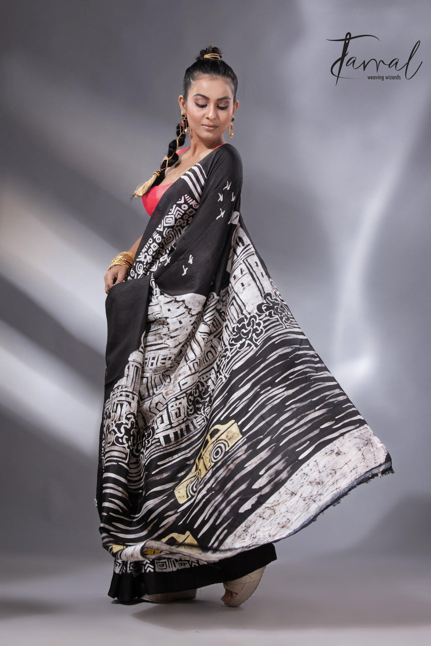 Black & white yellow taxi handcrafted pure batik silk saree