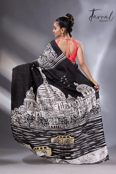 Black & white yellow taxi handcrafted pure batik silk saree