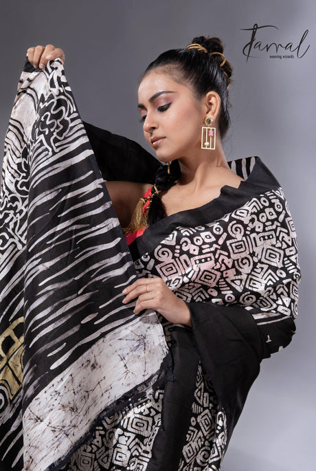 Black & white yellow taxi handcrafted pure batik silk saree