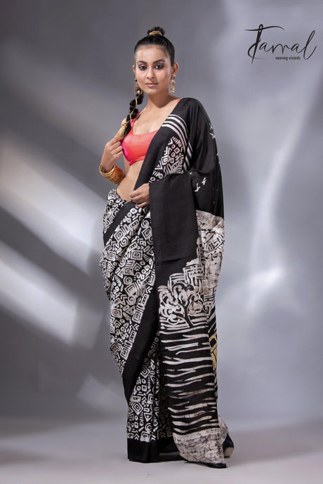 Black & white yellow taxi handcrafted pure batik silk saree