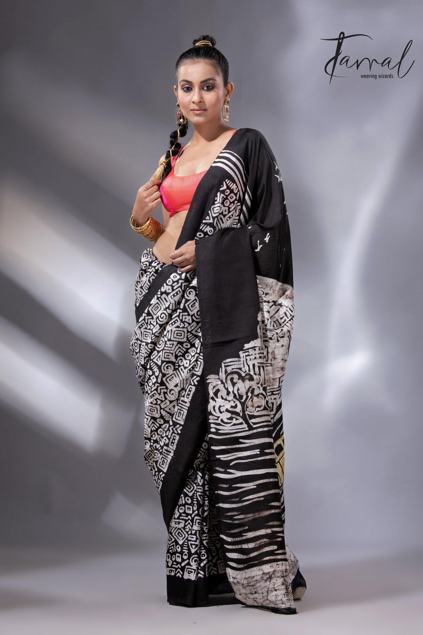 Black & white yellow taxi handcrafted pure batik silk saree