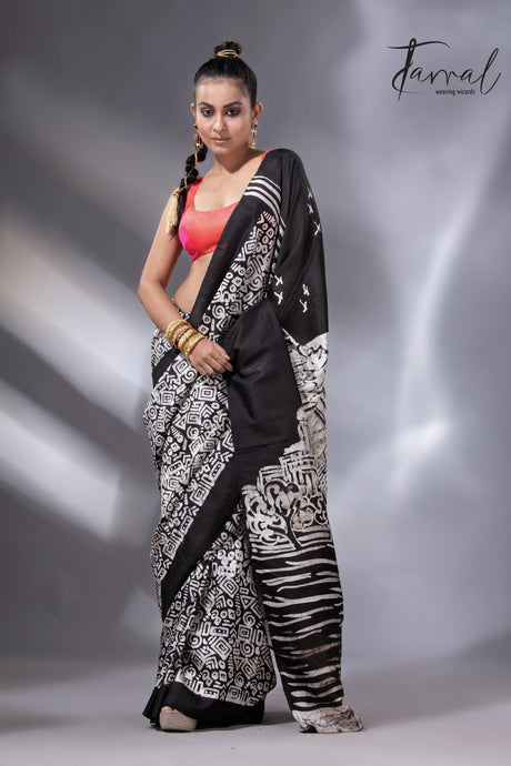 Black & white yellow taxi handcrafted pure batik silk saree