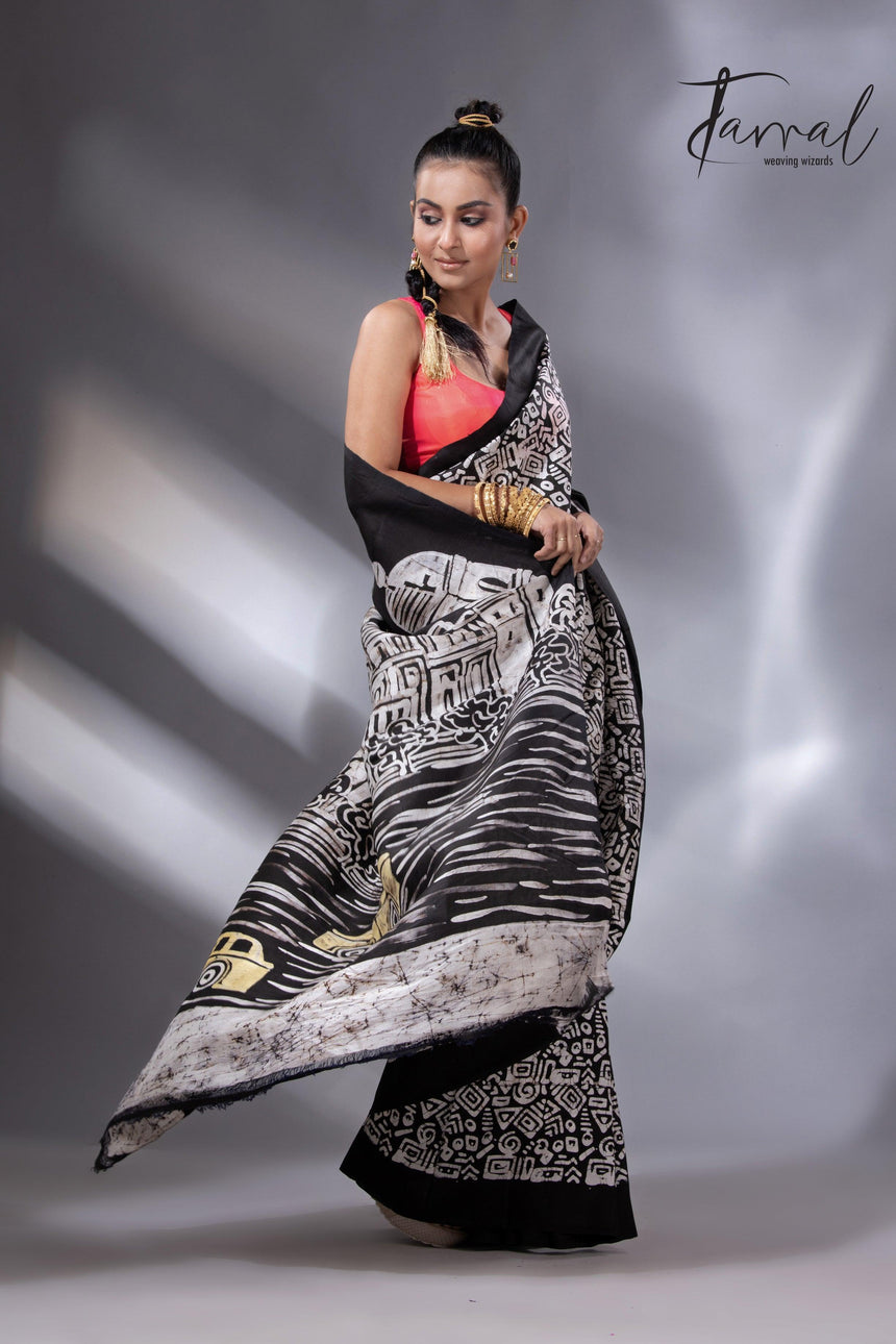 Black & white yellow taxi handcrafted pure batik silk saree