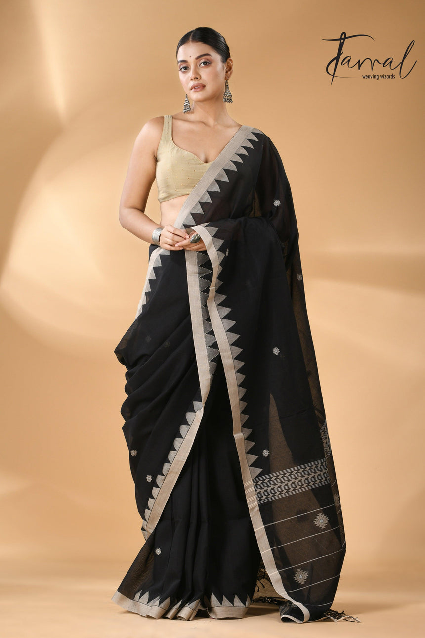 Black with beige temple border handwoven jamdani cotton saree