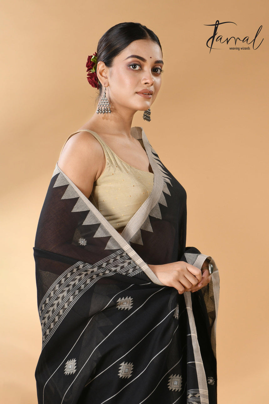 Black with beige temple border handwoven jamdani cotton saree