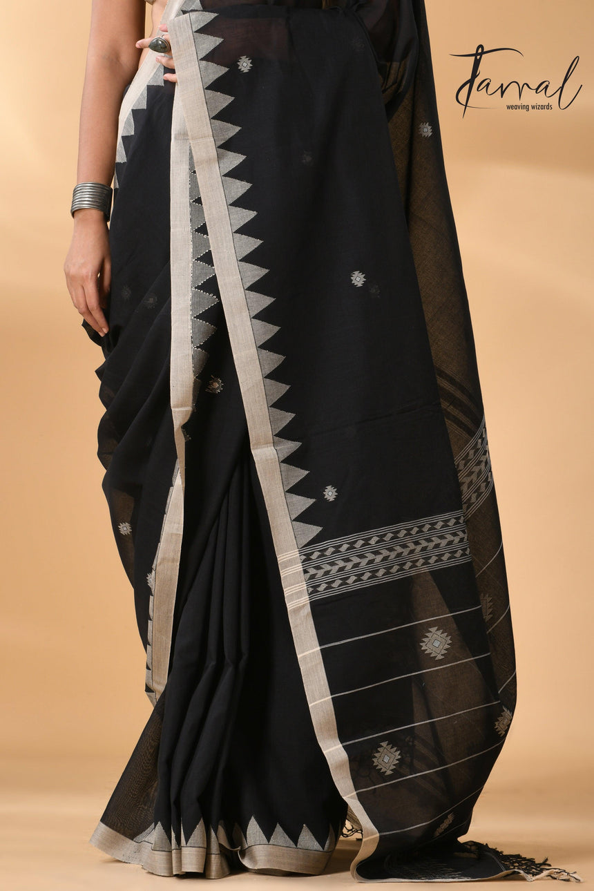 Black with beige temple border handwoven jamdani cotton saree