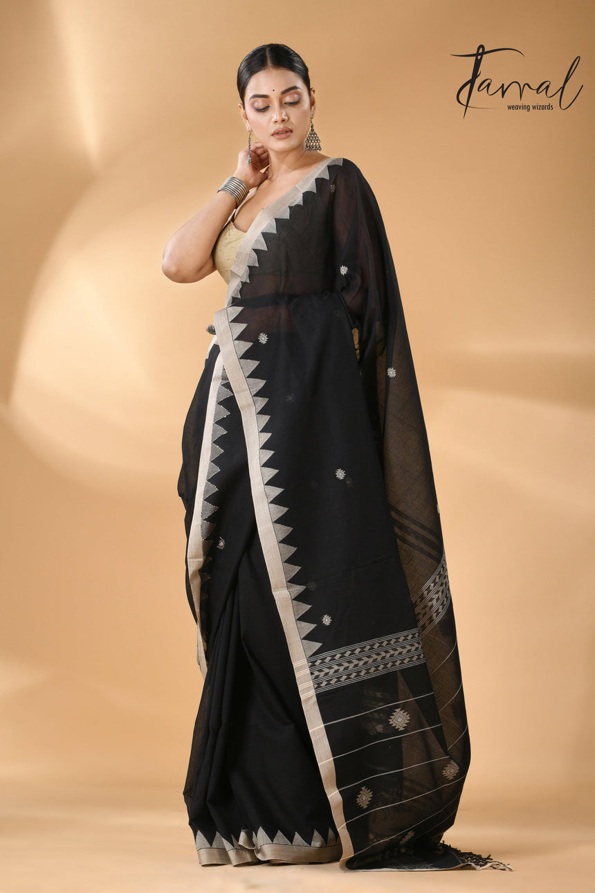 Black with beige temple border handwoven jamdani cotton saree