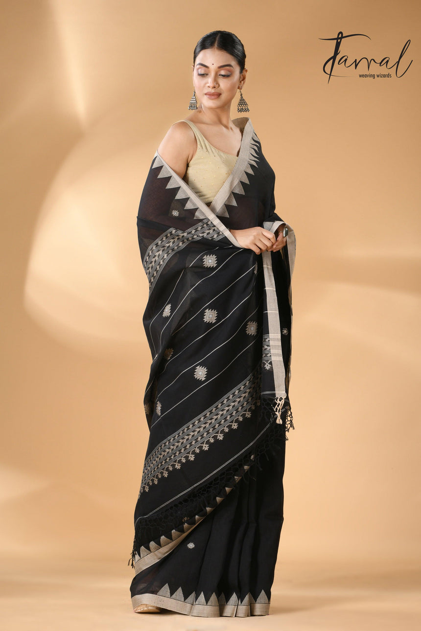 Black with beige temple border handwoven jamdani cotton saree