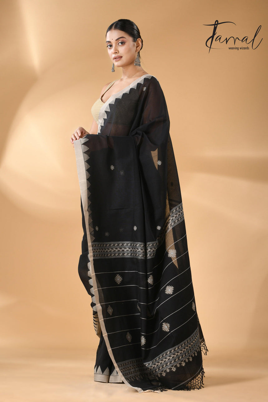 Black with beige temple border handwoven jamdani cotton saree