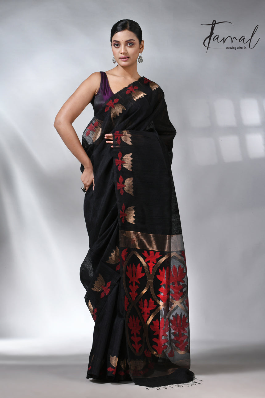 Black with golden lotus matka silk handwoven jamdani saree