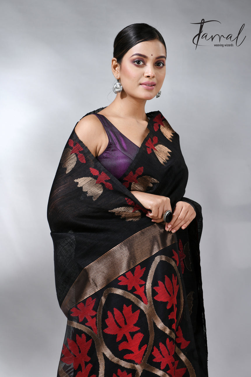 Black with golden lotus matka silk handwoven jamdani saree