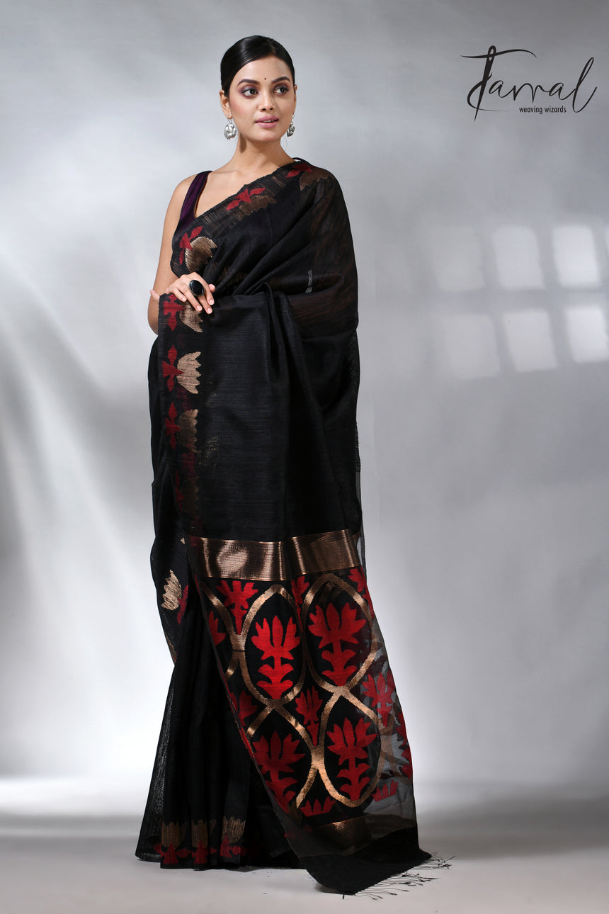 Black with golden lotus matka silk handwoven jamdani saree