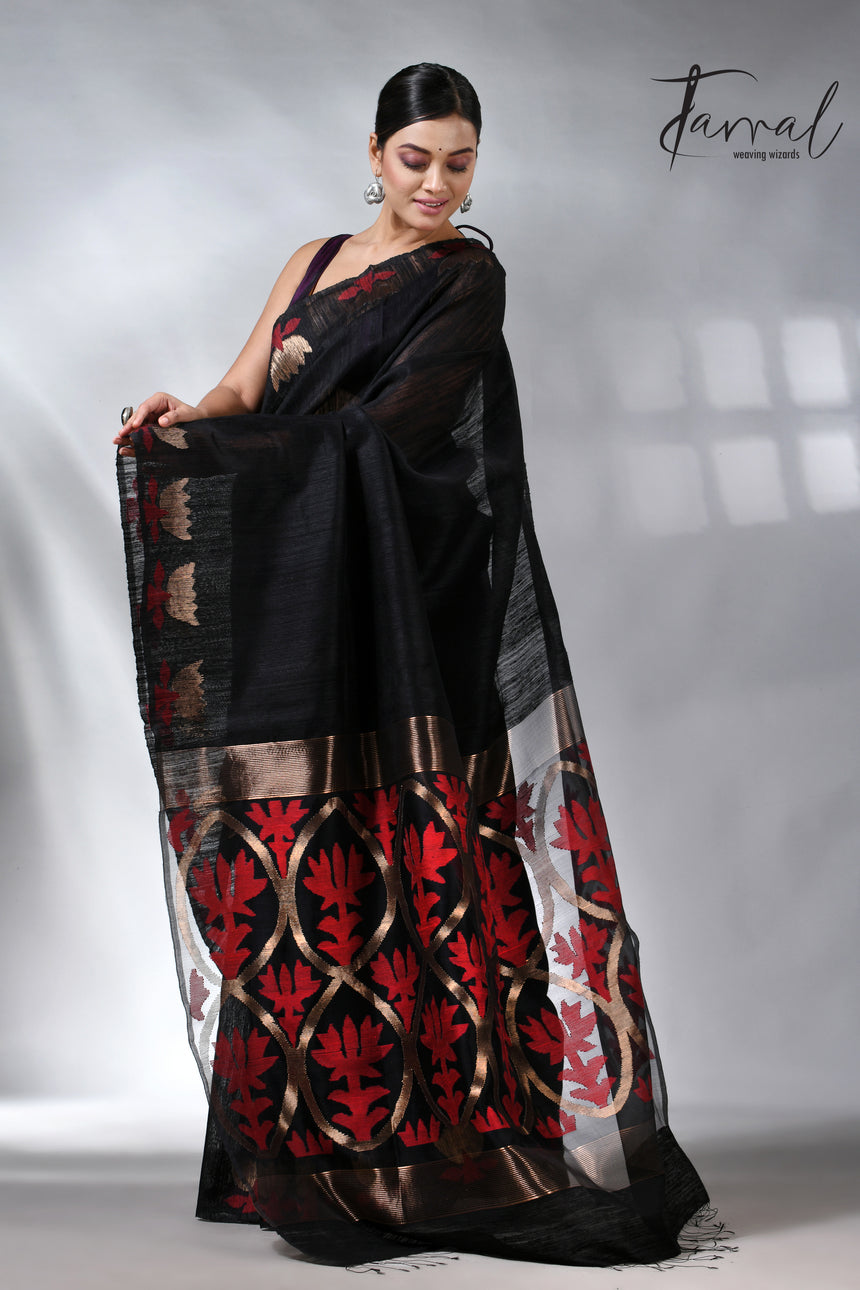 Black with golden lotus matka silk handwoven jamdani saree