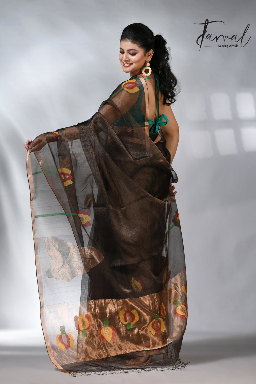 Black with golden tissue muslin lotus handwoven jamdani saree