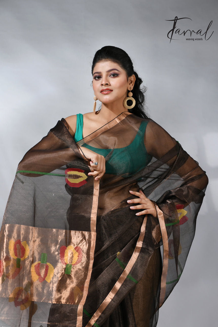 Black with golden tissue muslin lotus handwoven jamdani saree