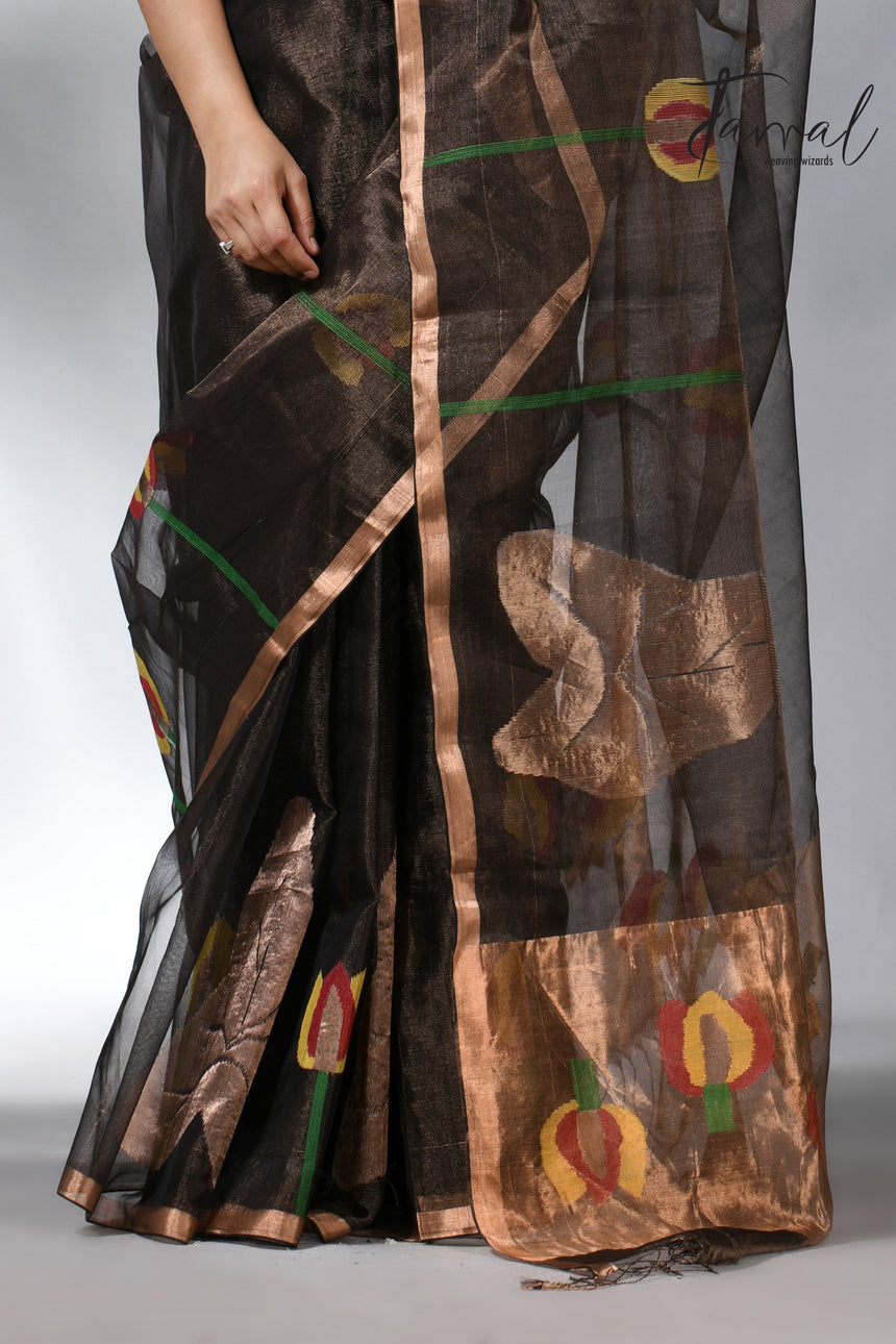 Black with golden tissue muslin lotus handwoven jamdani saree