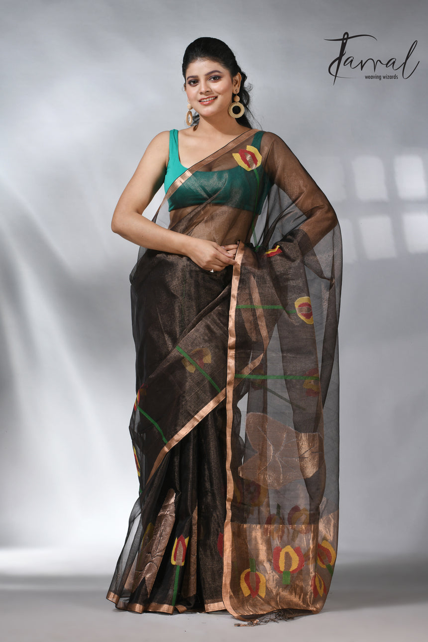 Black with golden tissue muslin lotus handwoven jamdani saree
