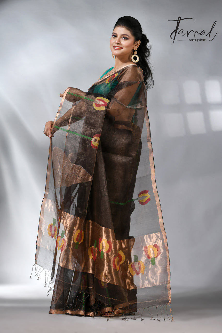 Black with golden tissue muslin lotus handwoven jamdani saree