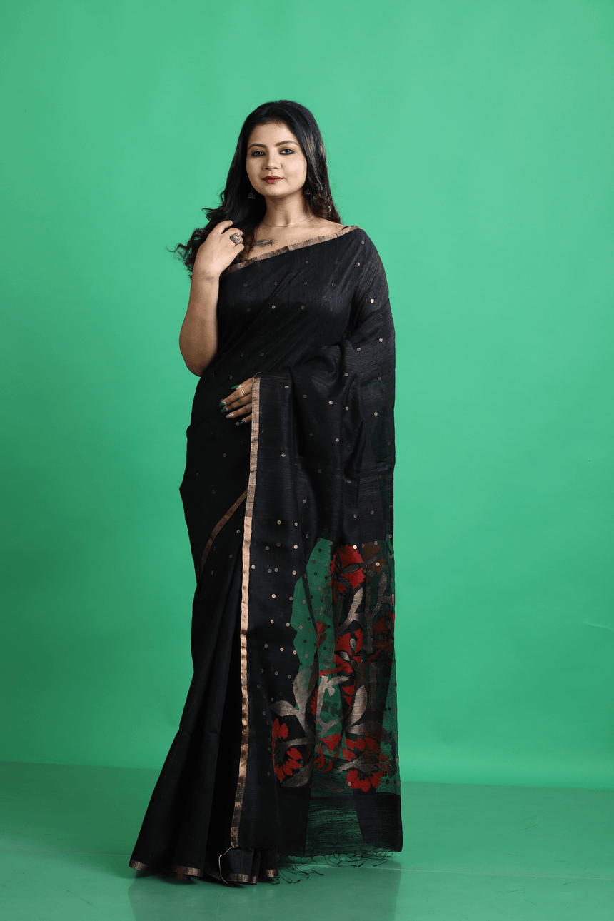 Black with golden zari border matka silk sequins handwoven jamdani saree - Tamal Boutique