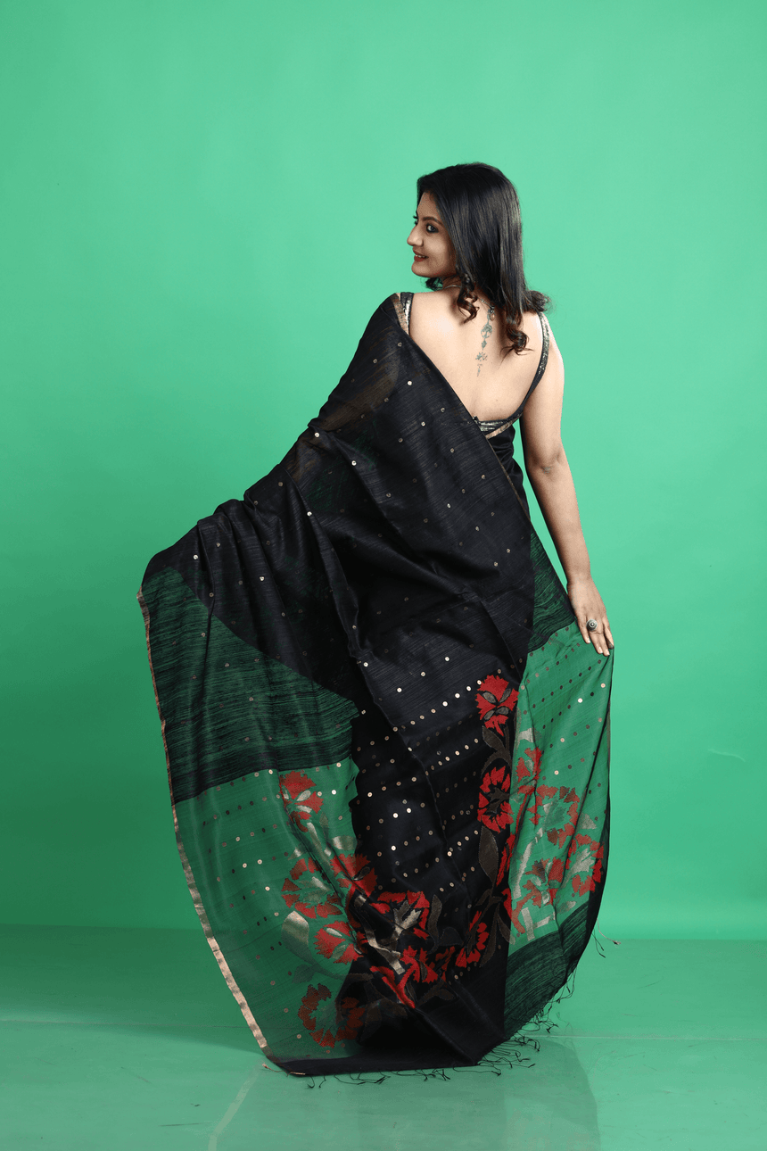 Black with golden zari border matka silk sequins handwoven jamdani saree - Tamal Boutique