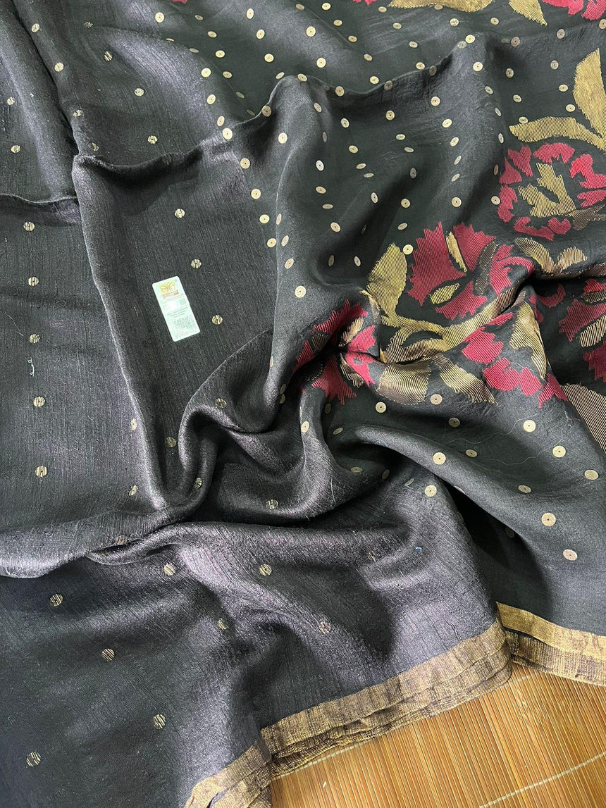 Black with golden zari border matka silk sequins handwoven jamdani saree - Tamal Boutique