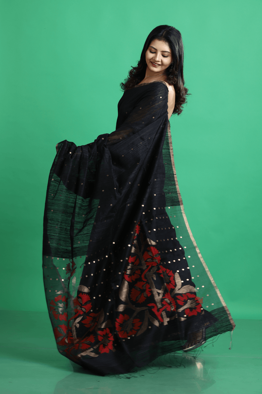 Black with golden zari border matka silk sequins handwoven jamdani saree - Tamal Boutique