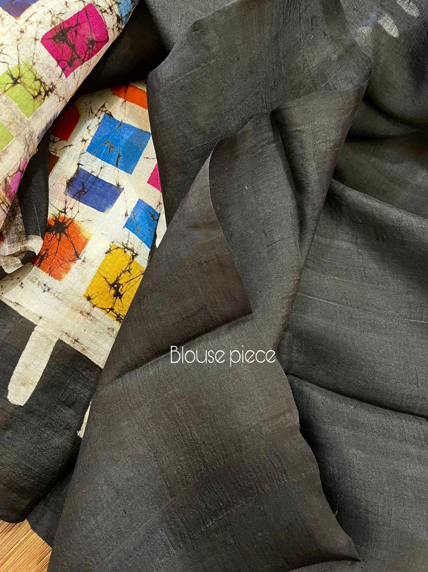 Black with multicolour boxed handcrafted batik silk saree - Tamal Boutique