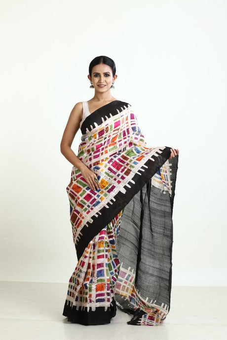 Black with multicolour boxed handcrafted batik silk saree - Tamal Boutique