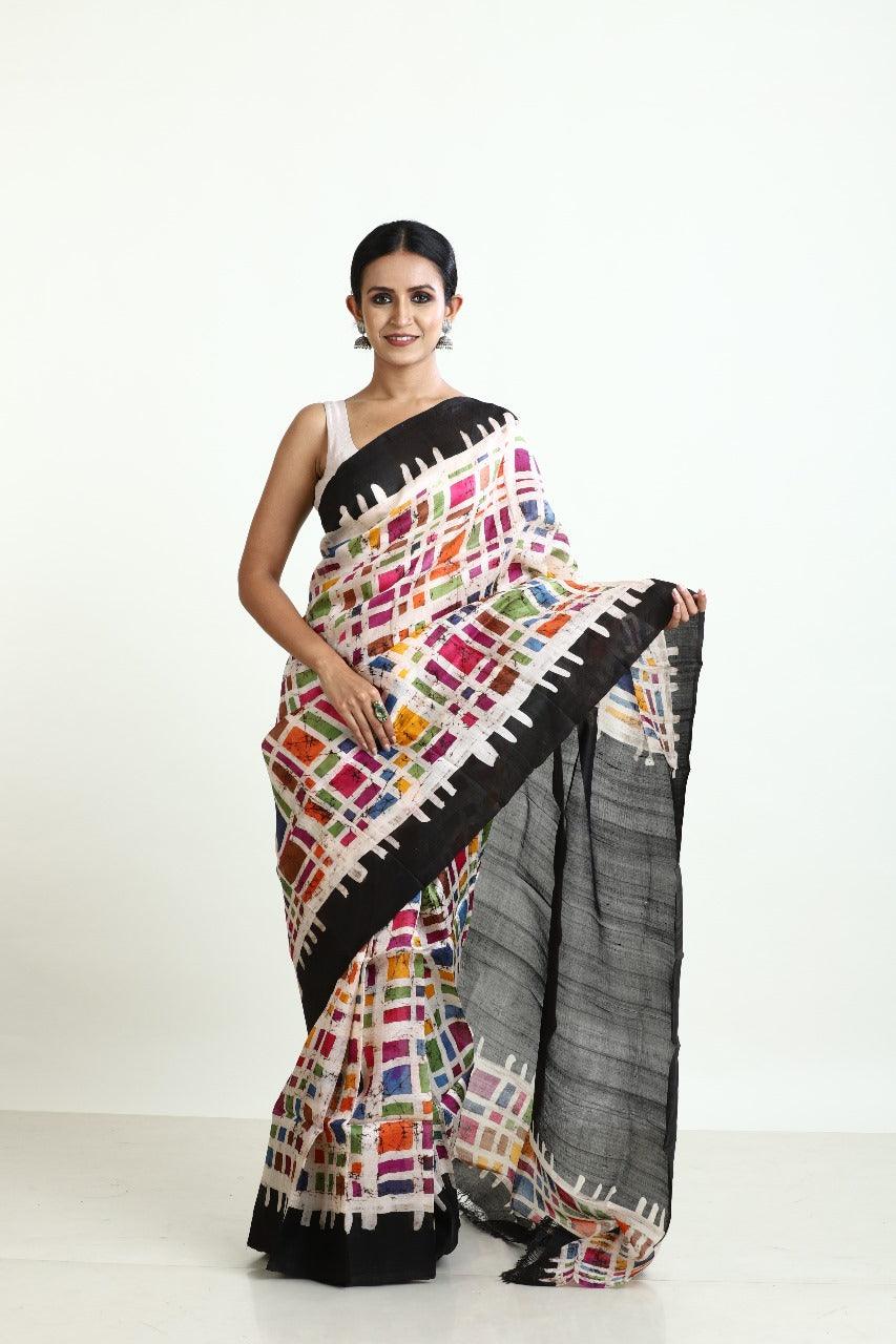 Black with multicolour boxed handcrafted batik silk saree - Tamal Boutique