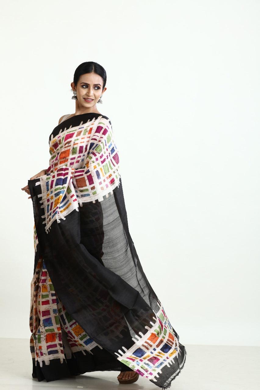 Black with multicolour boxed handcrafted batik silk saree - Tamal Boutique