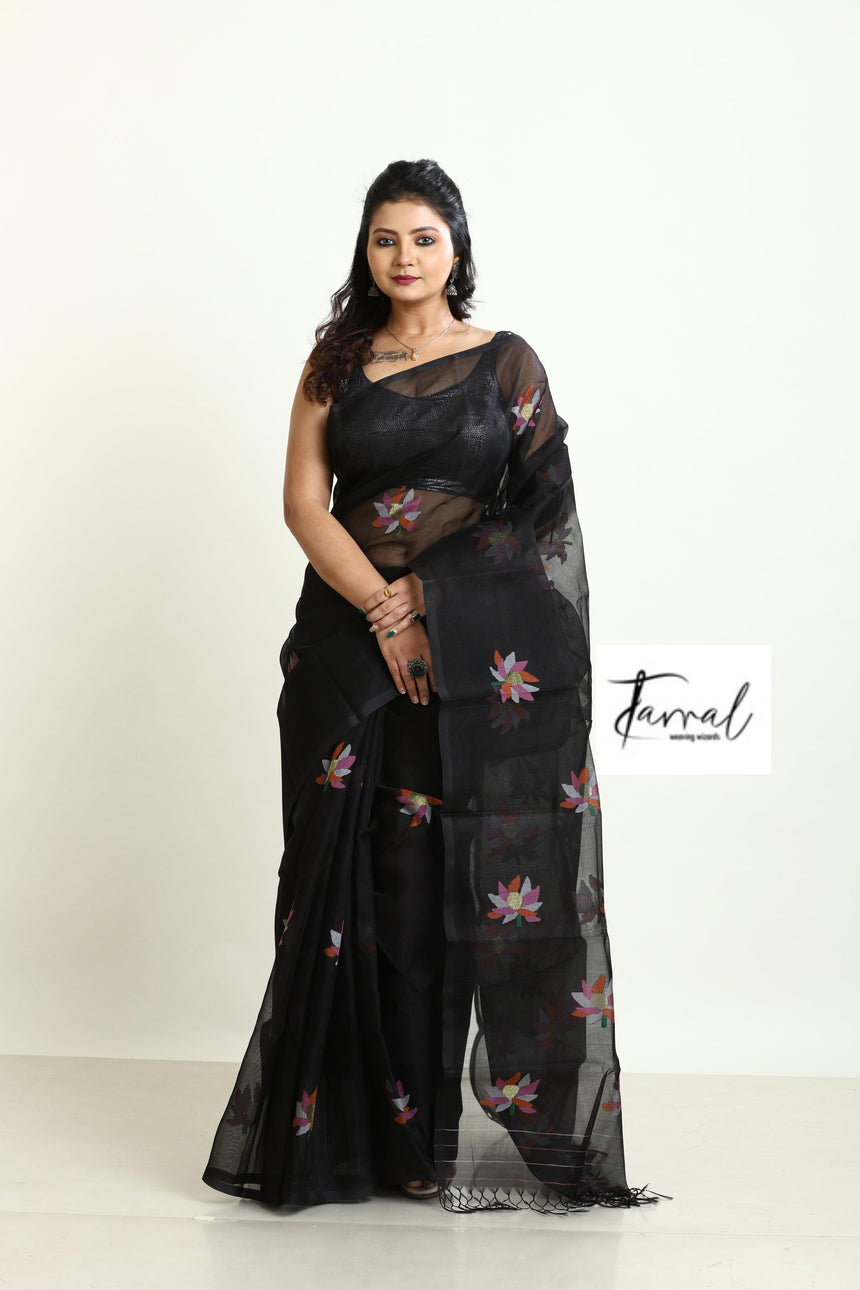 Black with multi colour lotus motifs handwoven jamadani silk saree - Tamal Boutique