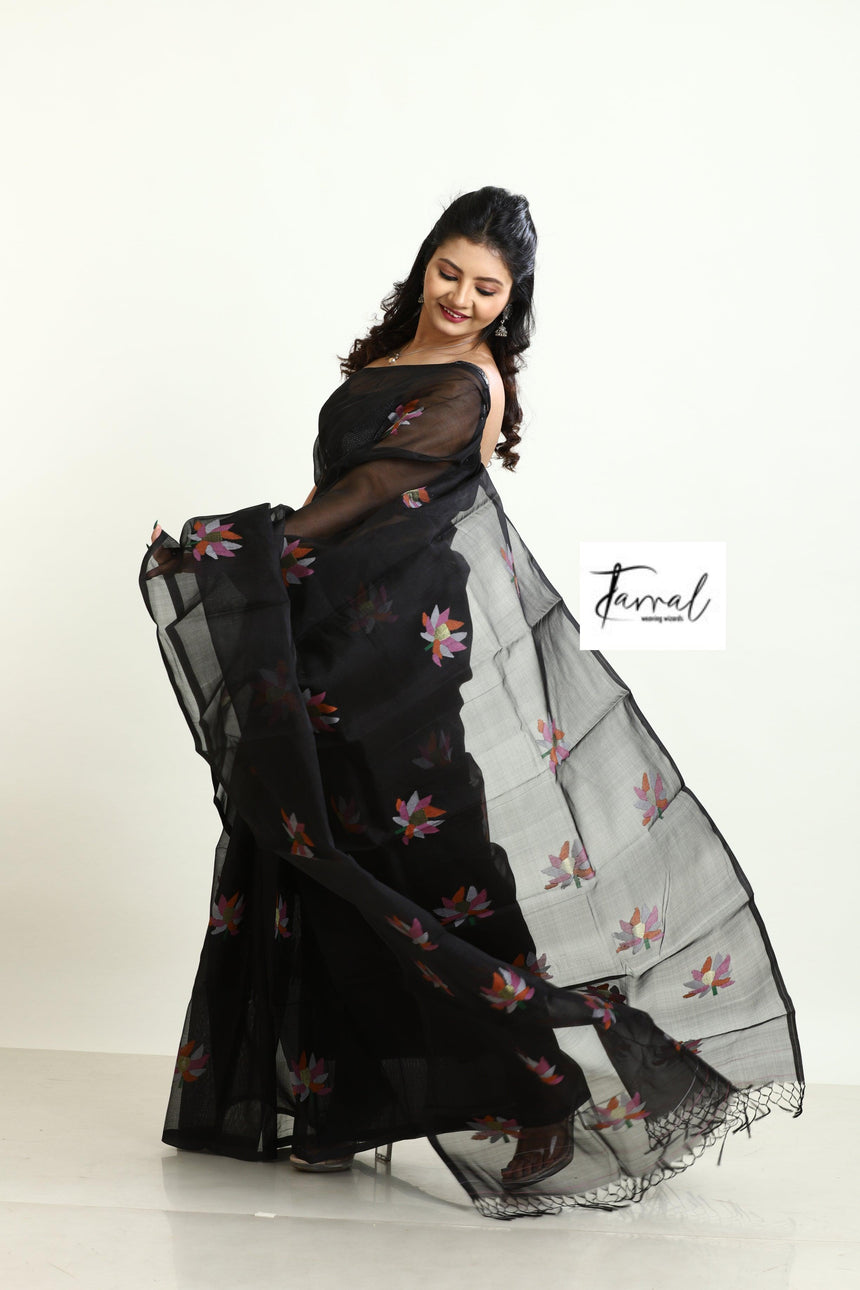 Black with multi colour lotus motifs handwoven jamadani silk saree - Tamal Boutique