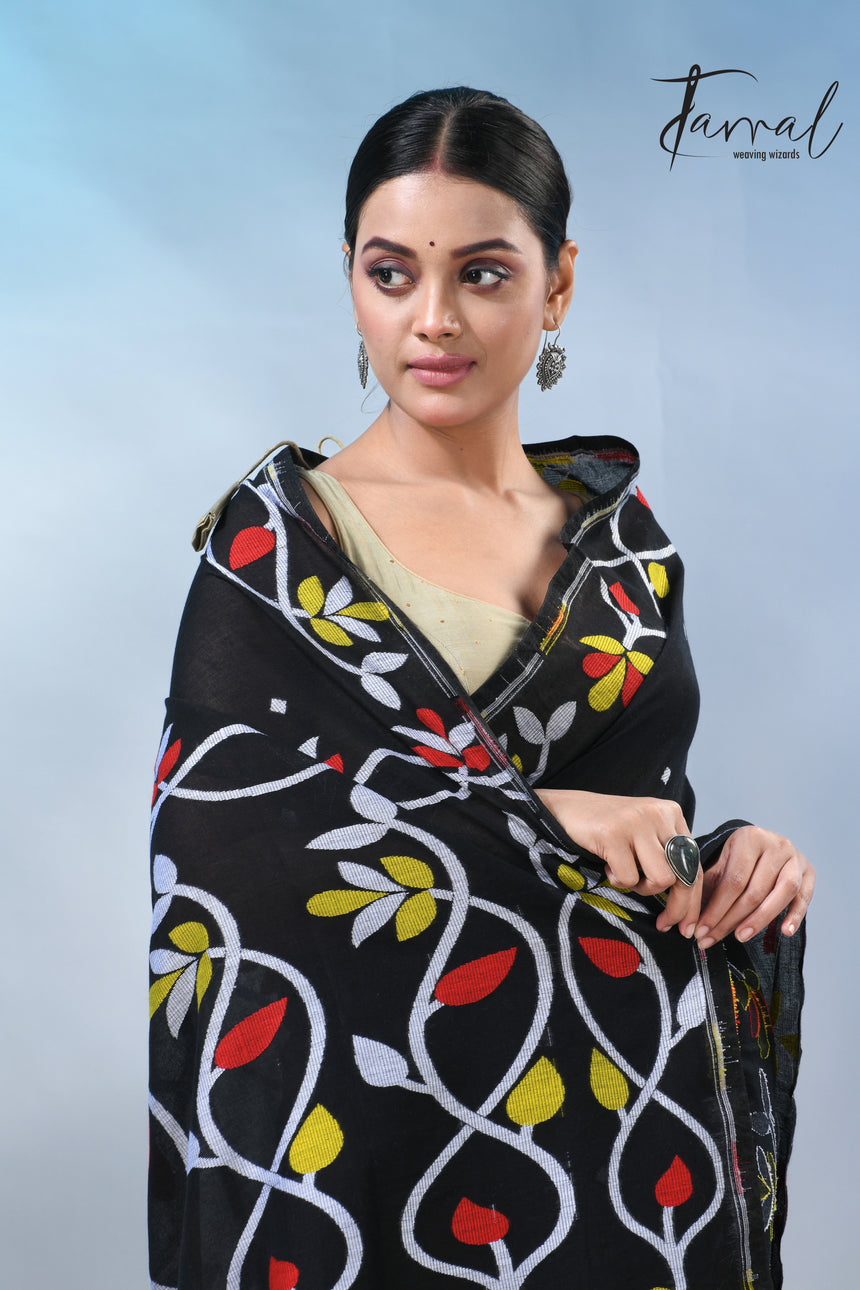Black with multi colour pure cotton handloom jamdani saree