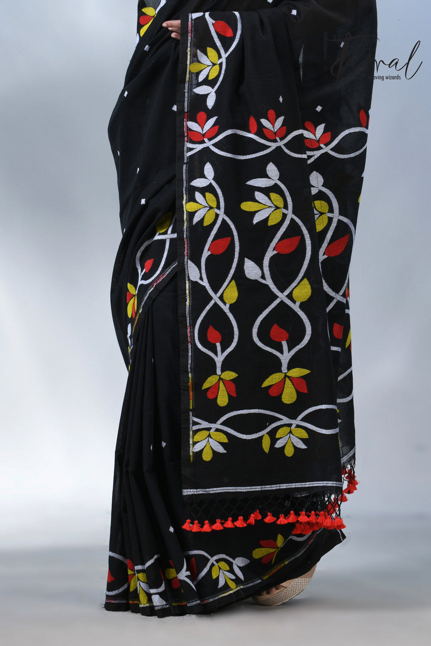Black with multi colour pure cotton handloom jamdani saree