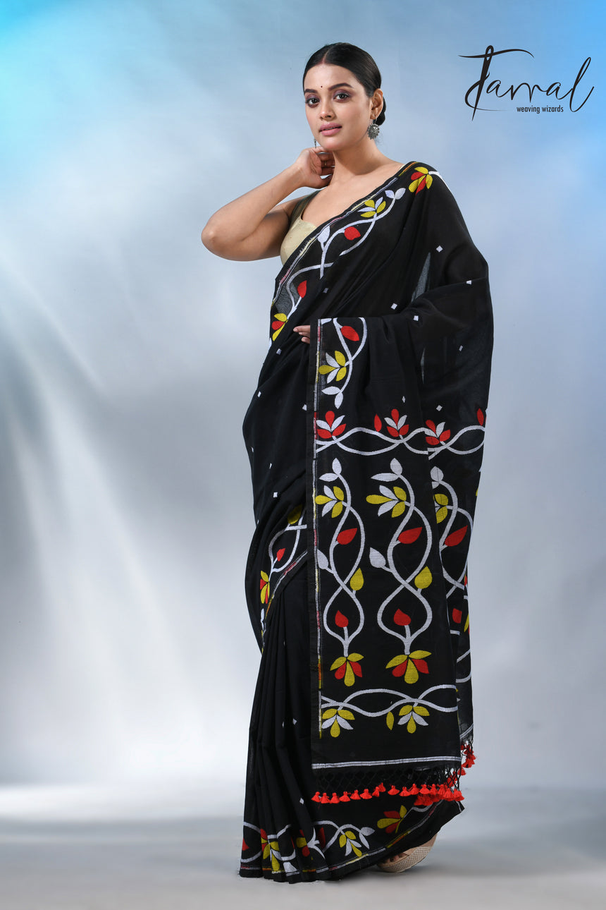Black with multi colour pure cotton handloom jamdani saree