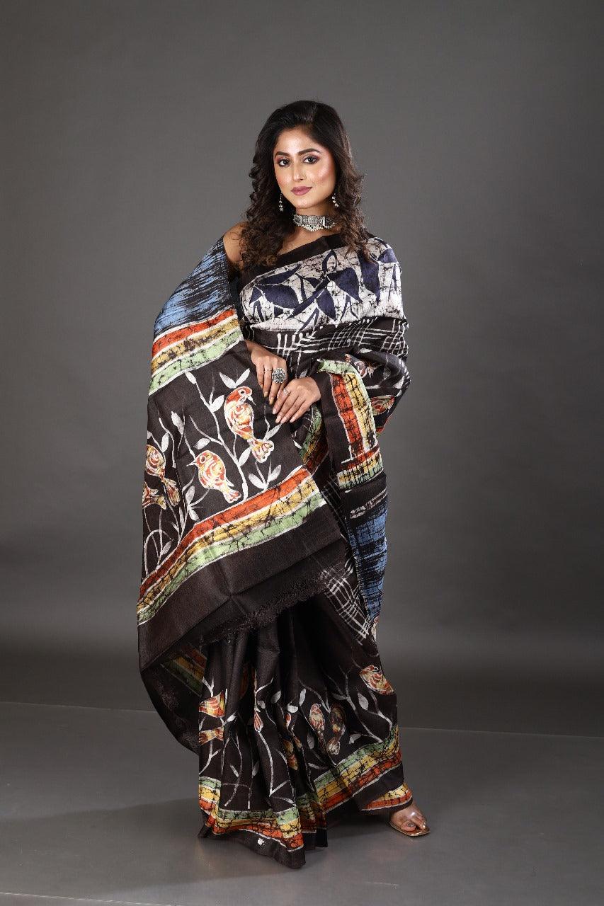 Black with multicolor bird design handcrafted batik silk saree