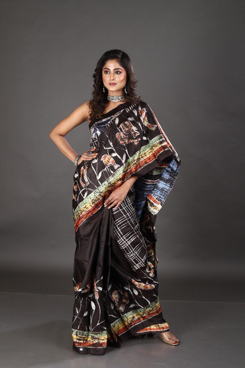 Black with multicolor bird design handcrafted batik silk saree